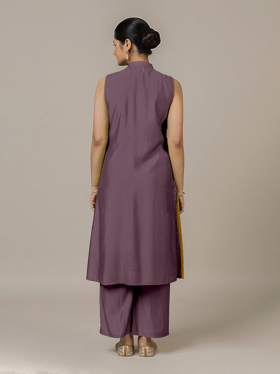 Eira x Rozaana Kurta, in Purple Viscose, featuring sleeveless and band collar neckline, made for daily & work (view 2).