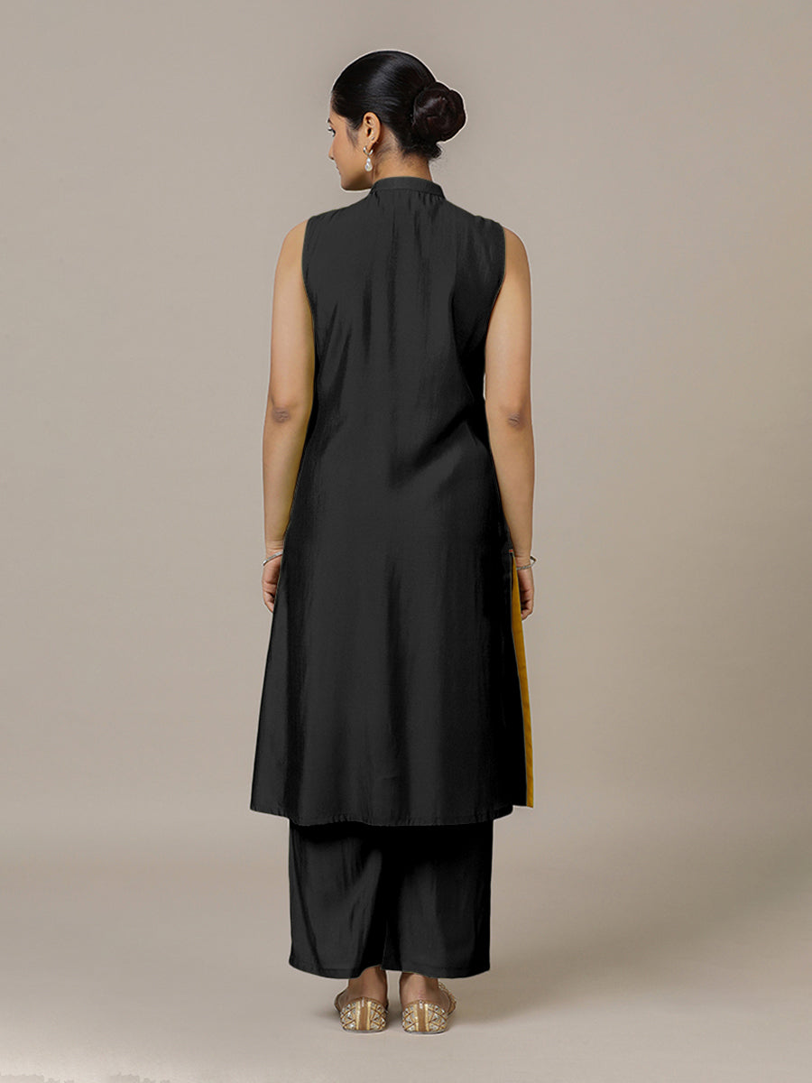 Eira x Rozaana Kurta, in Black Viscose, featuring sleeveless and band collar neckline, made for daily & work (view 2).