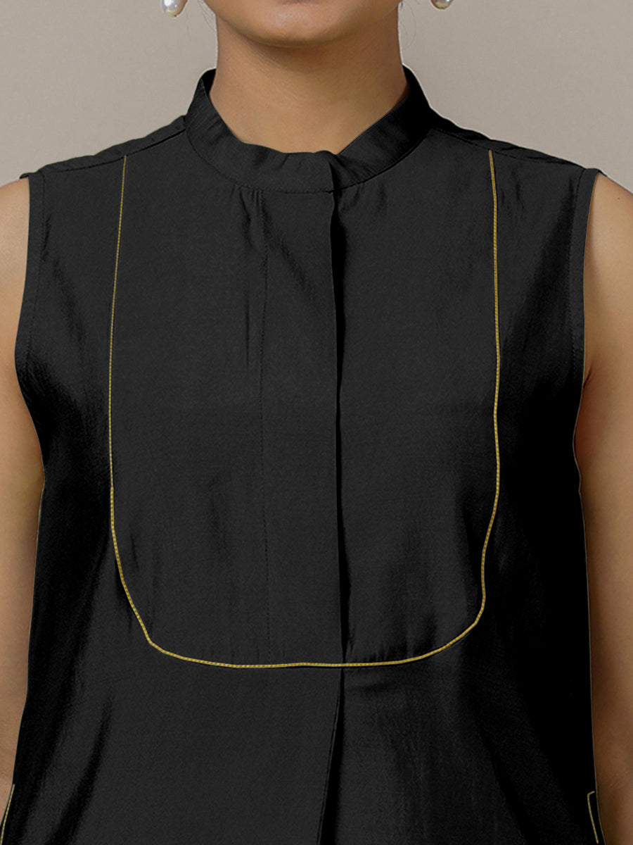 Eira x Rozaana Kurta, in Black Viscose, featuring sleeveless and band collar neckline, made for daily & work (view 3).