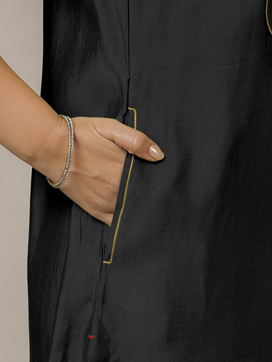 Eira x Rozaana Kurta, in Black Viscose, featuring sleeveless and band collar neckline, made for daily & work (view 5).