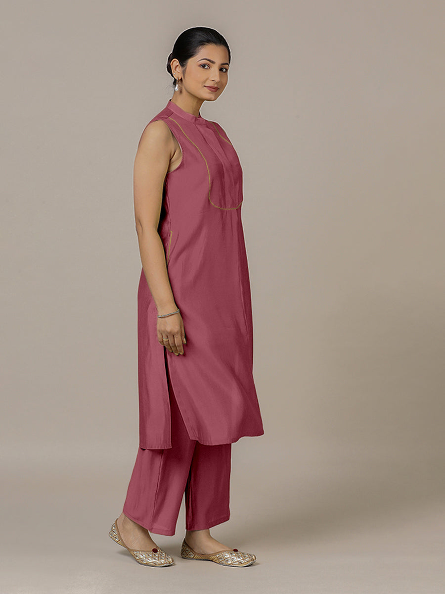 Eira x Rozaana Kurta, in Pink Viscose, featuring sleeveless and band collar neckline, made for daily & work.