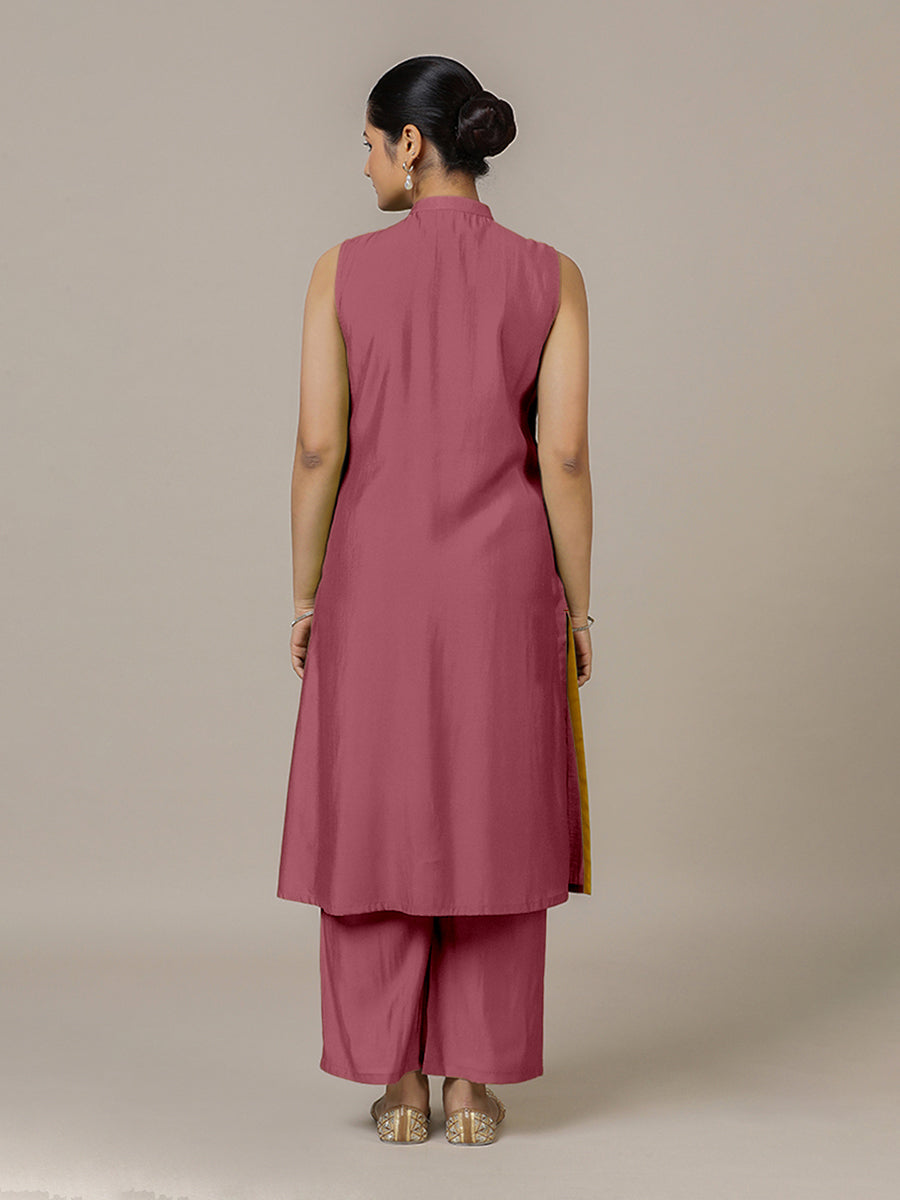 Eira x Rozaana Kurta, in Pink Viscose, featuring sleeveless and band collar neckline, made for daily & work (view 2).