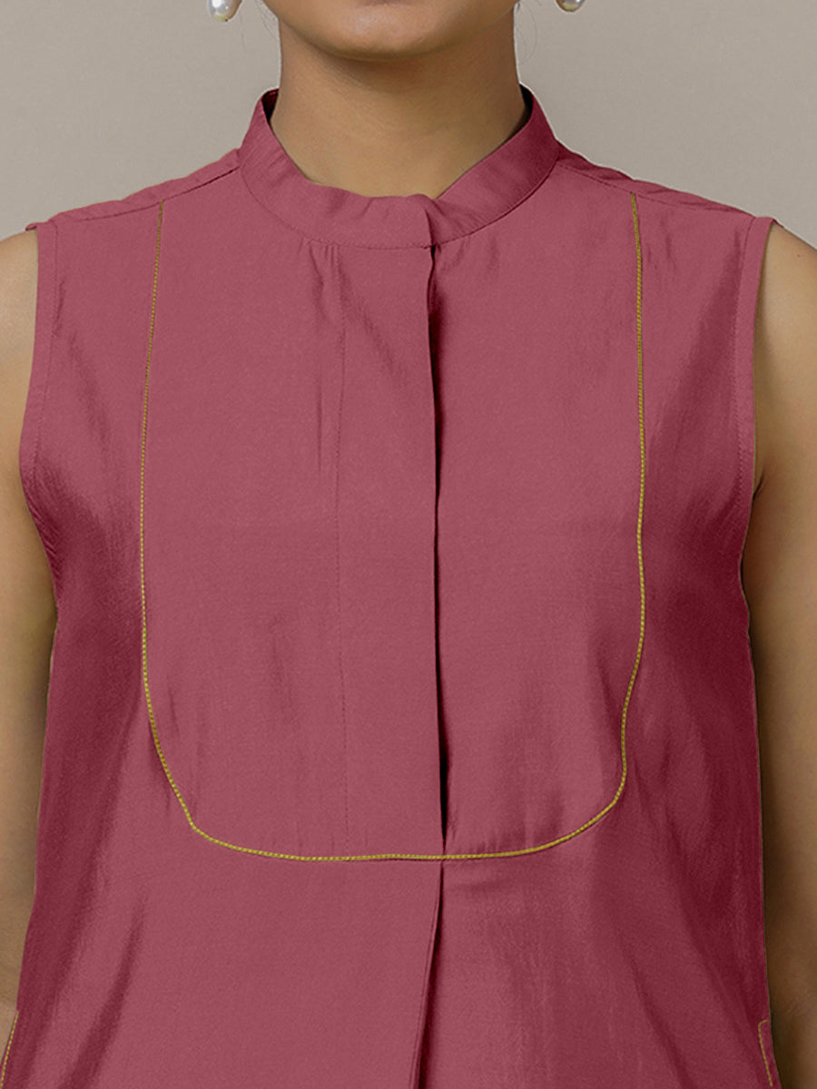 Eira x Rozaana Kurta, in Pink Viscose, featuring sleeveless and band collar neckline, made for daily & work (view 3).