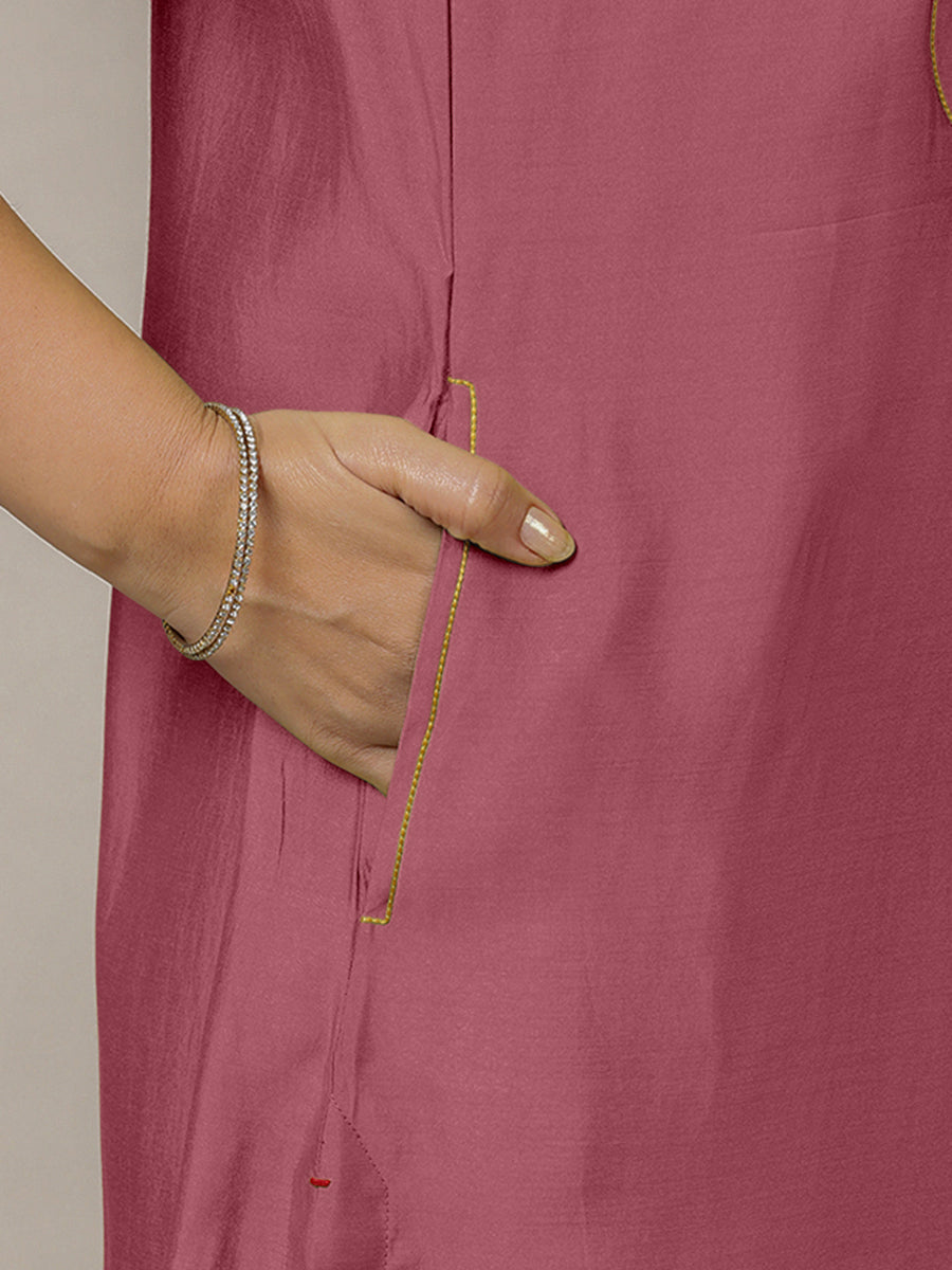 Eira x Rozaana Kurta, in Pink Viscose, featuring sleeveless and band collar neckline, made for daily & work (view 5).