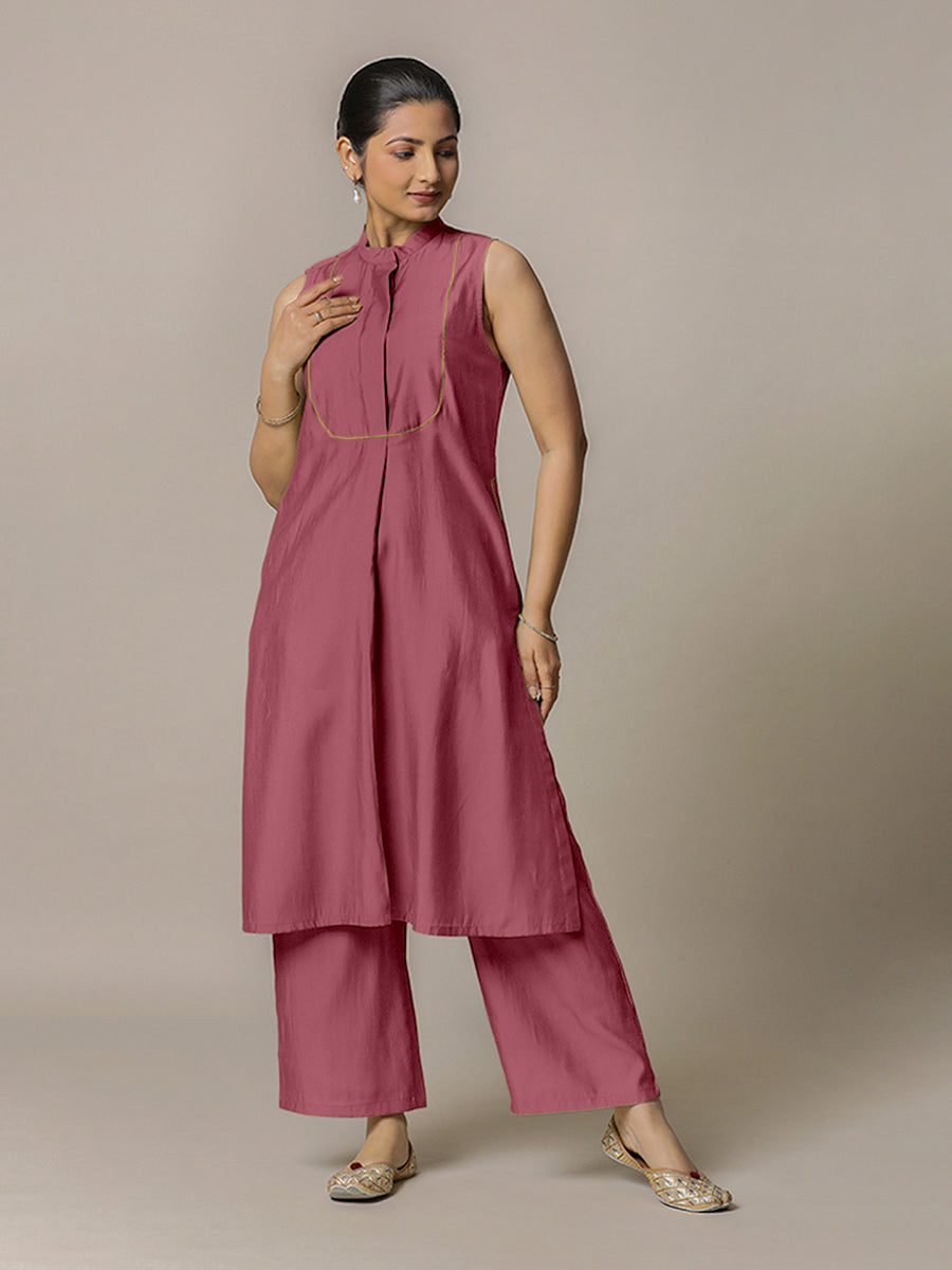 Eira x Rozaana Kurta, in Pink Viscose, featuring sleeveless and band collar neckline, made for daily & work (view 6).