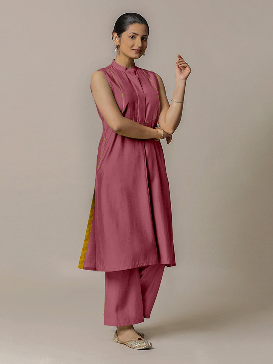Eira x Rozaana Kurta, in Pink Viscose, featuring sleeveless and band collar neckline, made for daily & work (view 7).