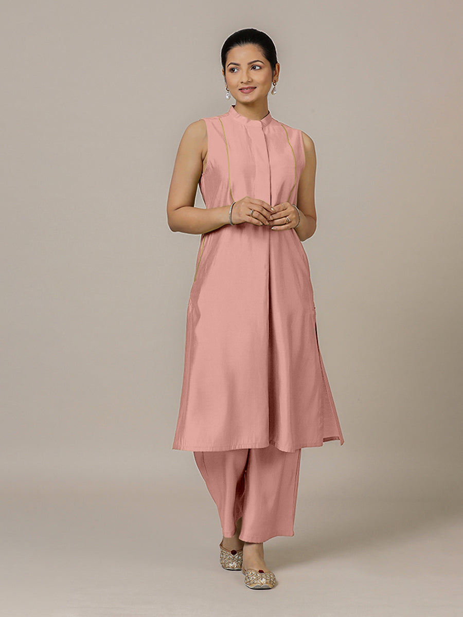 Eira x Rozaana Kurta, in Pink Viscose, featuring sleeveless and band collar neckline, made for daily & work (view 2).