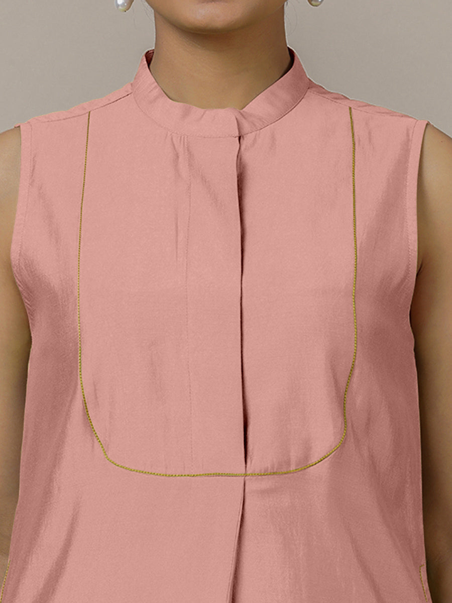 Eira x Rozaana Kurta, in Pink Viscose, featuring sleeveless and band collar neckline, made for daily & work (view 4).