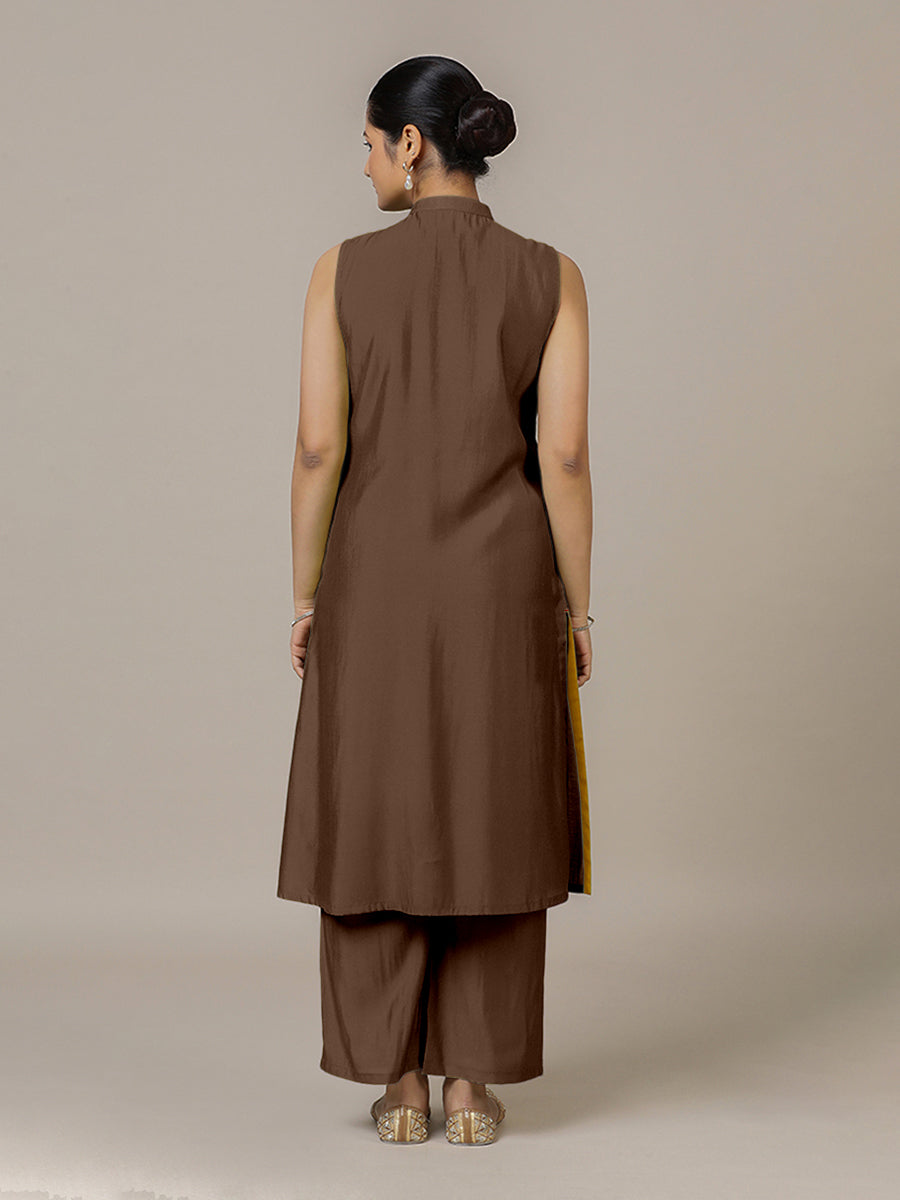 Eira x Rozaana Kurta, in Brown Viscose, featuring sleeveless and band collar neckline, made for daily & work (view 2).