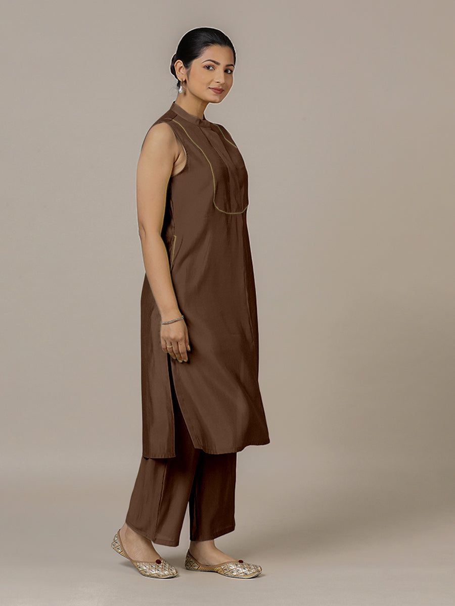 Eira x Rozaana Kurta, in Brown Viscose, featuring sleeveless and band collar neckline, made for daily & work (view 7).