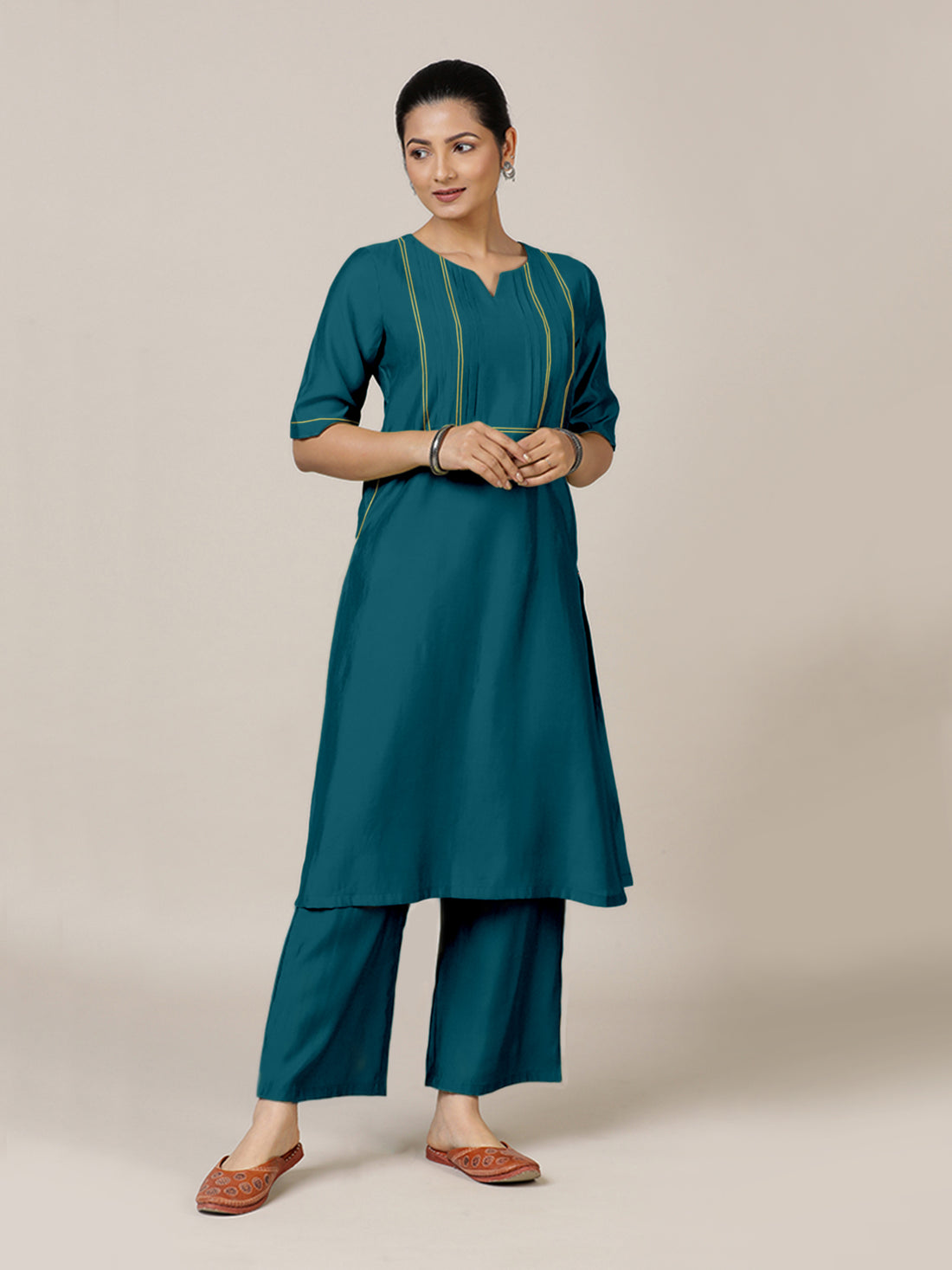 Esha x Rozaana Kurta, in Blue Viscose, featuring elbow sleeves and round neck with splitline, made for daily & work (view 6).