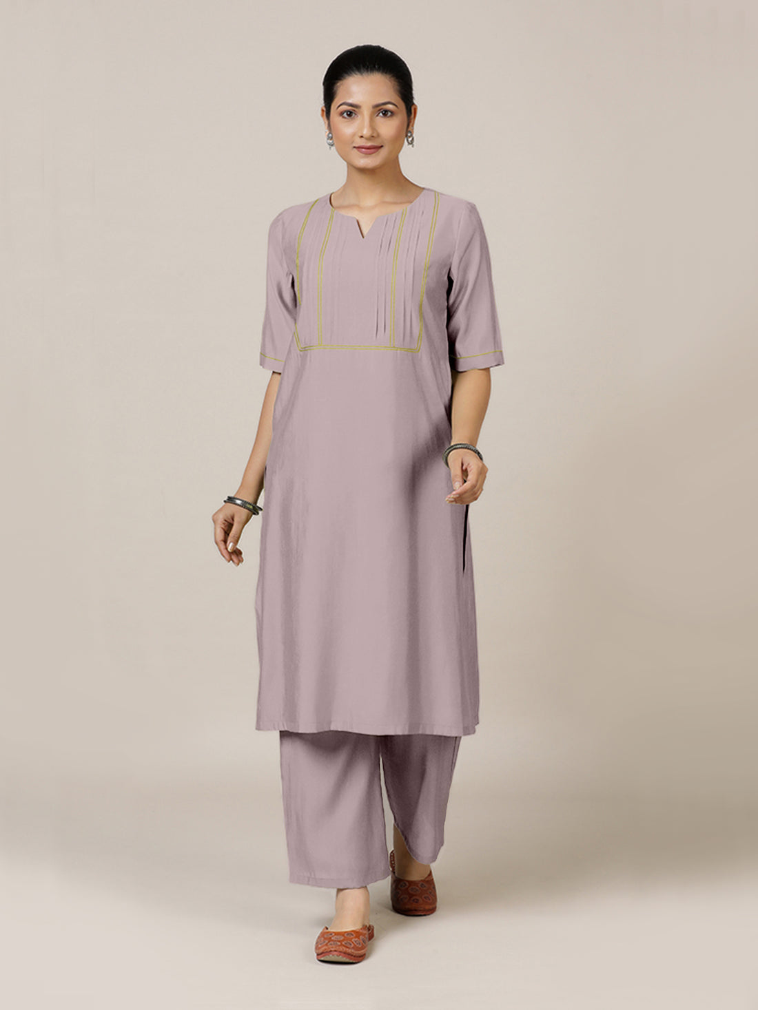 Esha x Rozaana Kurta, in Purple Viscose, featuring elbow sleeves and round neck with splitline, made for daily & work.