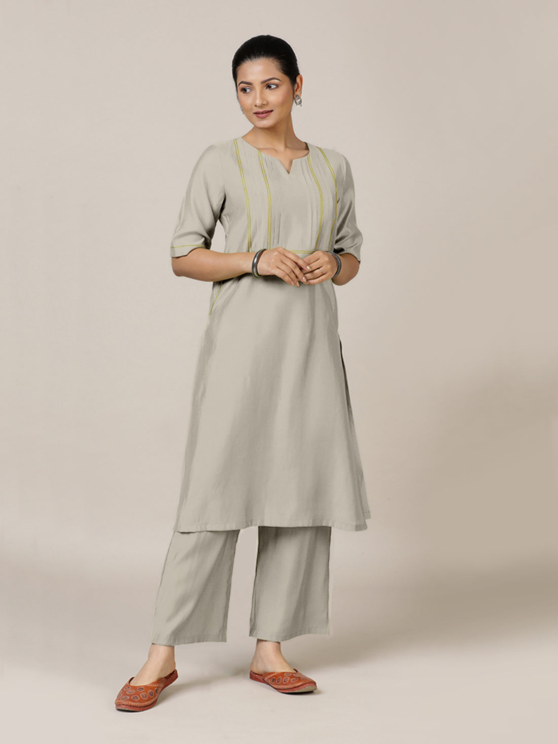 Esha x Rozaana Kurta, in Grey Viscose, featuring elbow sleeves and round neck with splitline, made for daily & work (view 6).