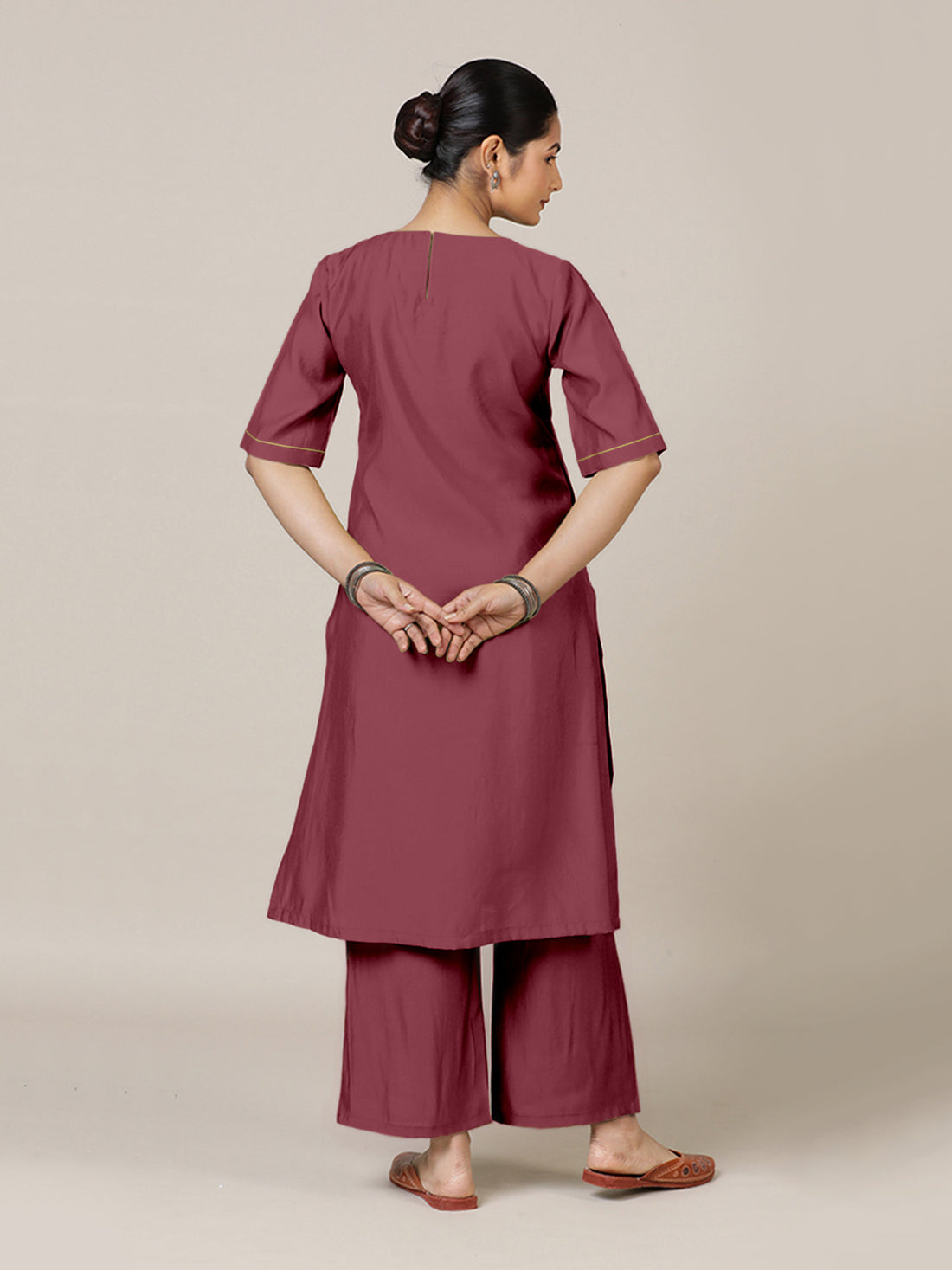 Esha x Rozaana Kurta, in Pink Viscose, featuring elbow sleeves and round neck with splitline, made for daily & work (view 2).