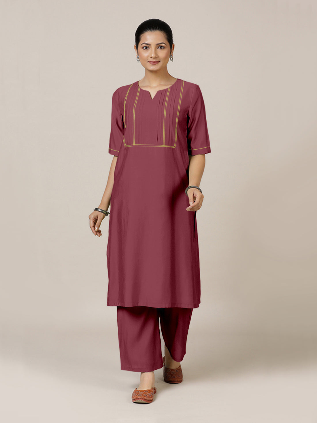 Esha x Rozaana Kurta, in Pink Viscose, featuring elbow sleeves and round neck with splitline, made for daily & work (view 6).