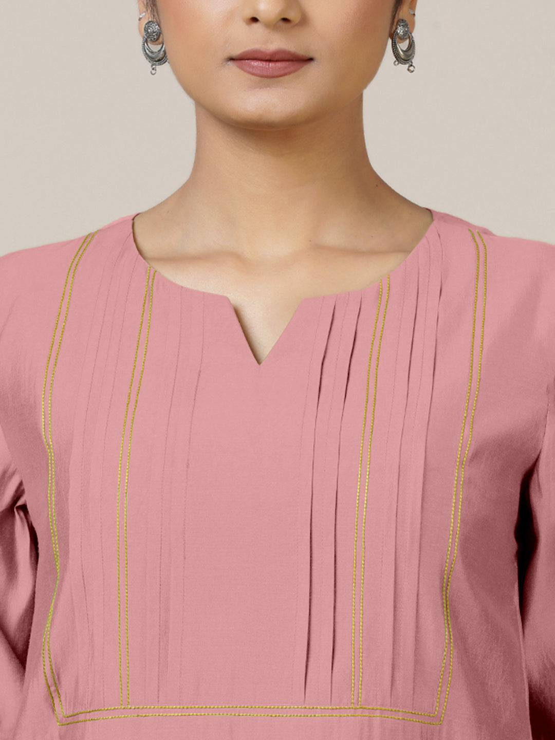 Esha x Rozaana Kurta, in Pink Viscose, featuring elbow sleeves and round neck with splitline, made for daily & work (view 4).