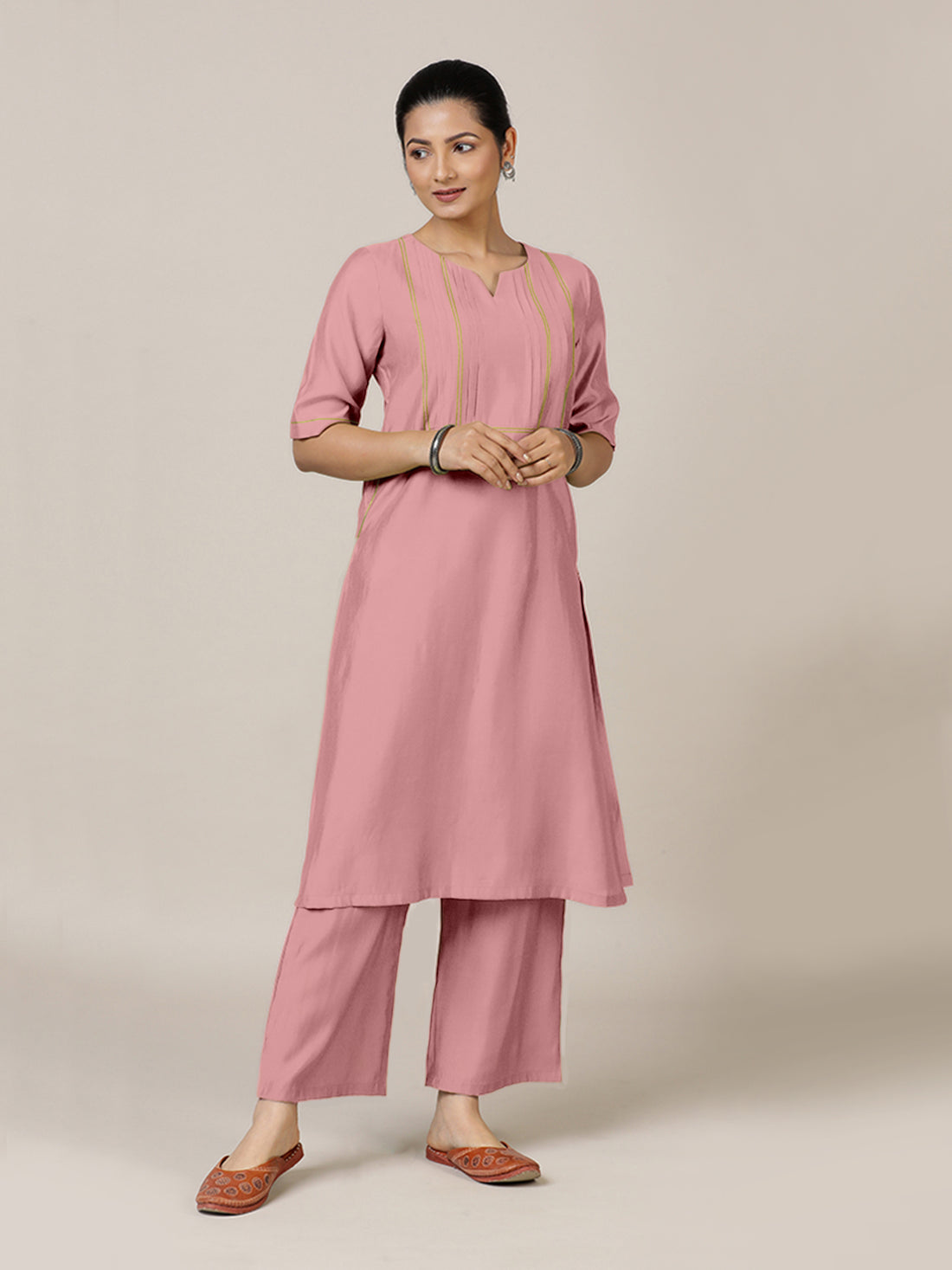 Esha x Rozaana Kurta, in Pink Viscose, featuring elbow sleeves and round neck with splitline, made for daily & work (view 6).