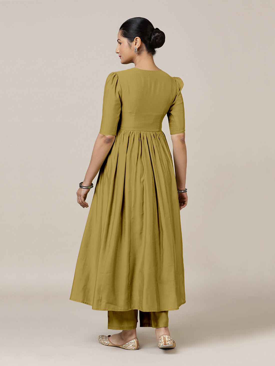 Faiza x Rozaana Kurta, in Yellow Viscose, featuring elbow sleeves and v-neckline, made for daily & work (view 2).