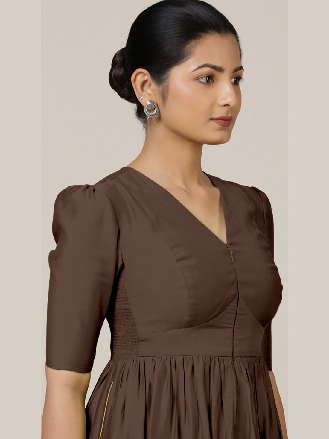 Faiza x Rozaana Kurta, in Brown Viscose, featuring elbow sleeves and v-neckline, made for daily & work (view 3).