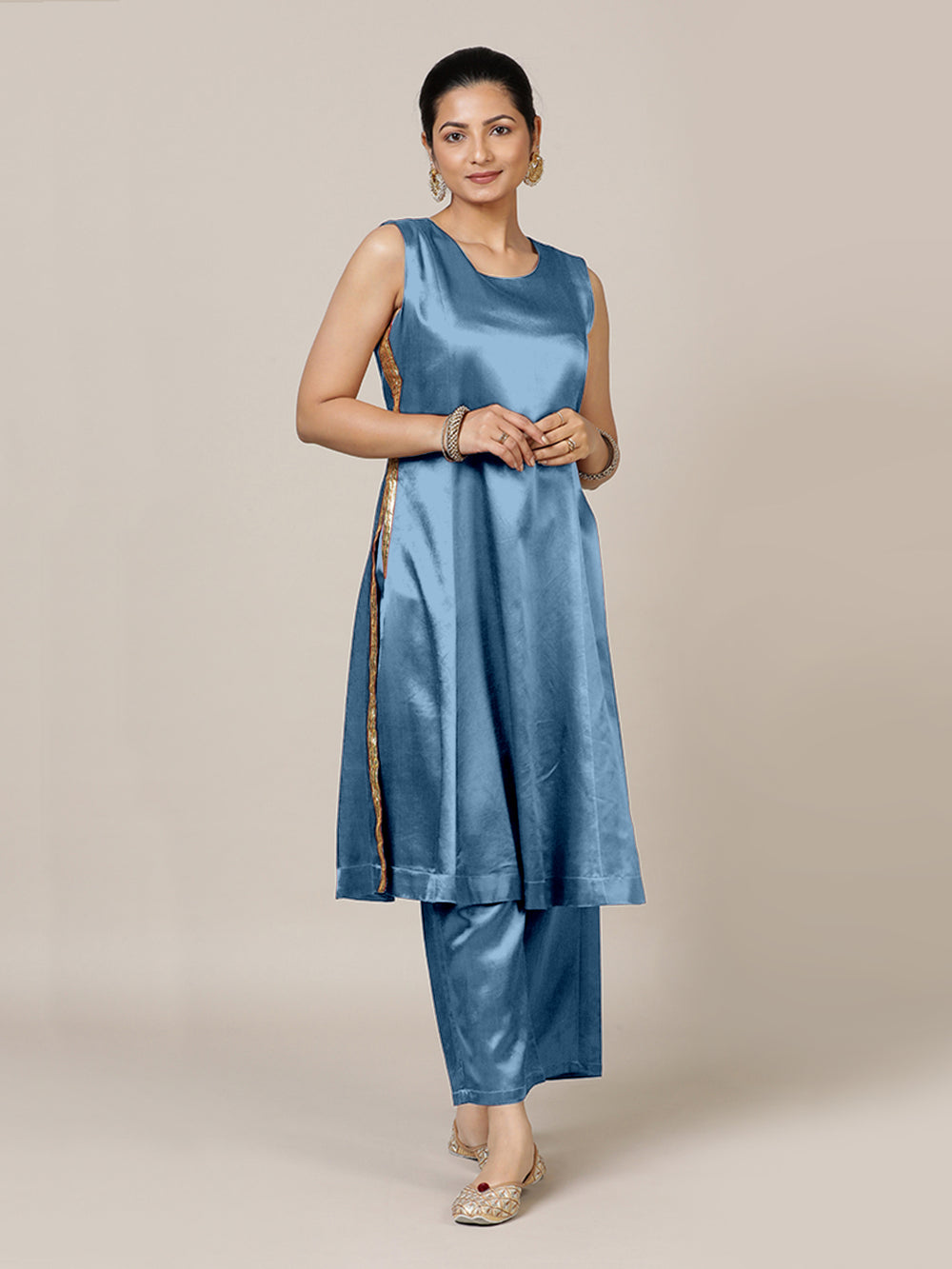 Gulnaaz x Tyohaar | Ice Blue Mashru Silk Panelled Kurta with Crushed Golden Gota Detailing | Coords or Only Kurta