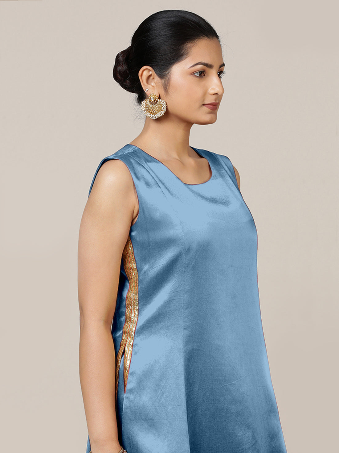 Gulnaaz x Tyohaar Kurta, in Blue Vegan Silk, featuring sleeveless and round neckline, made for party & festive (view 4).