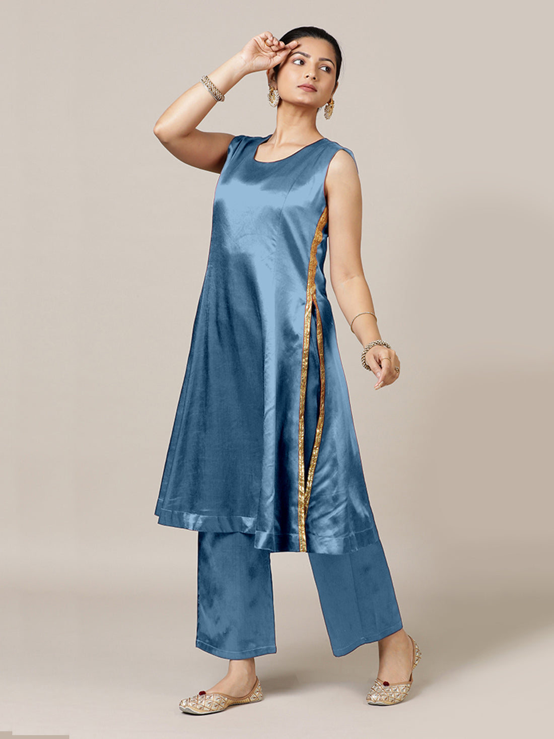 Gulnaaz x Tyohaar Kurta, in Blue Vegan Silk, featuring sleeveless and round neckline, made for party & festive (view 7).