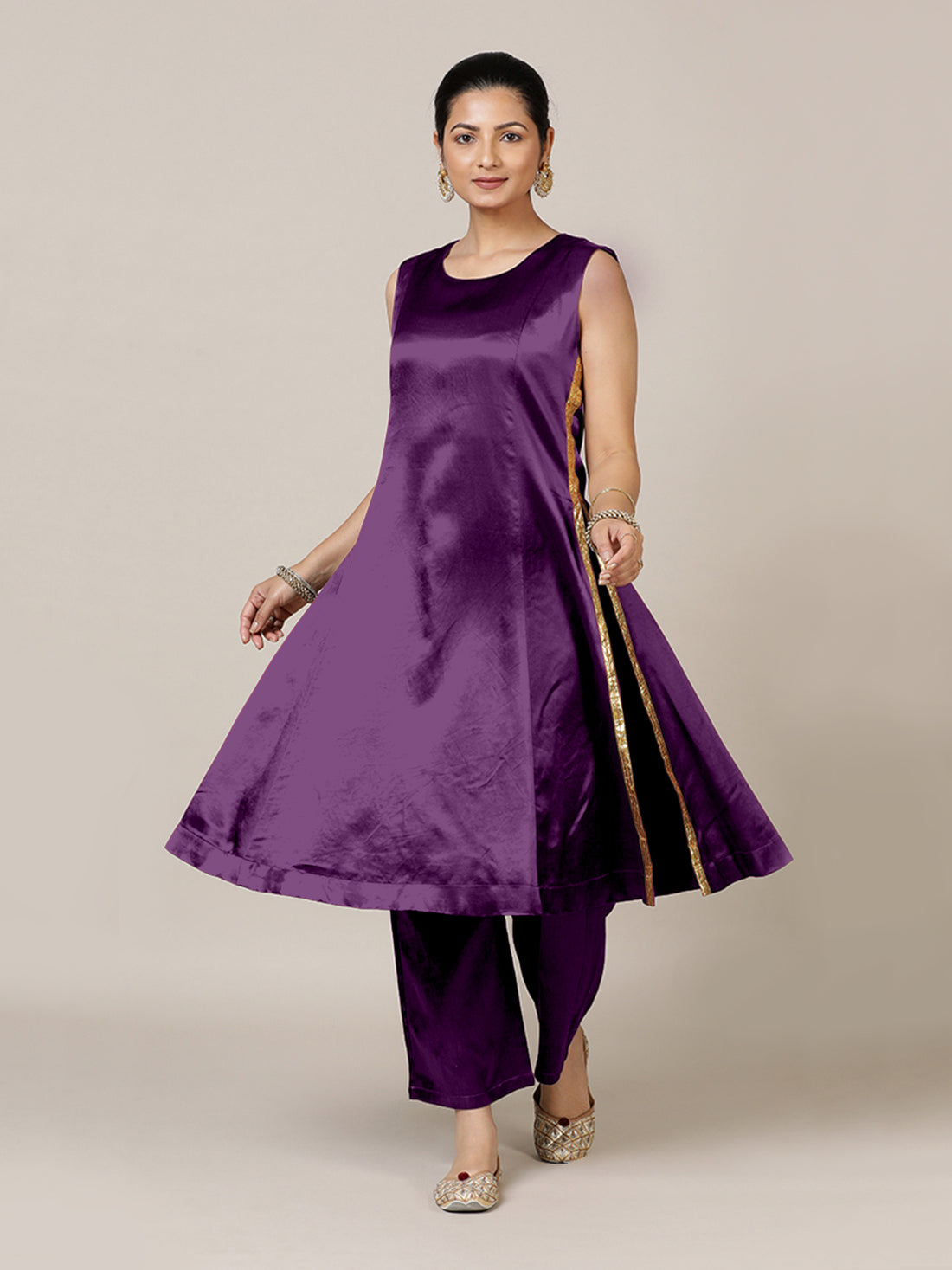 Gulnaaz x Tyohaar Kurta, in Purple Vegan Silk, featuring sleeveless and round neckline, made for party & festive (view 2).