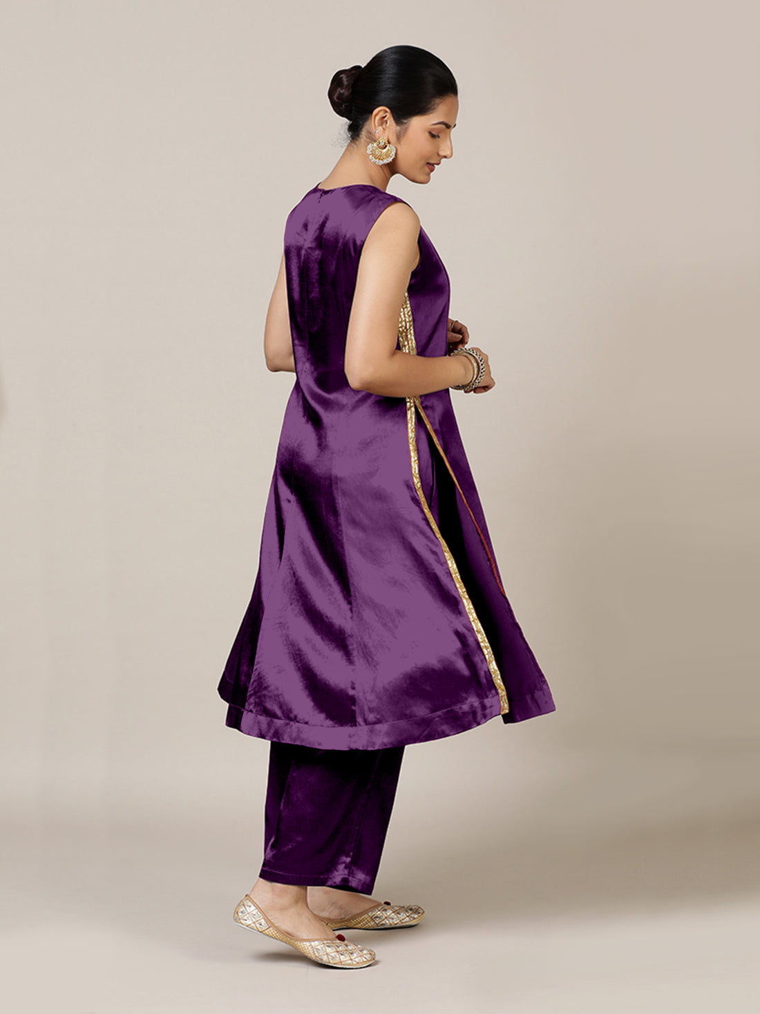 Gulnaaz x Tyohaar Kurta, in Purple Vegan Silk, featuring sleeveless and round neckline, made for party & festive (view 4).
