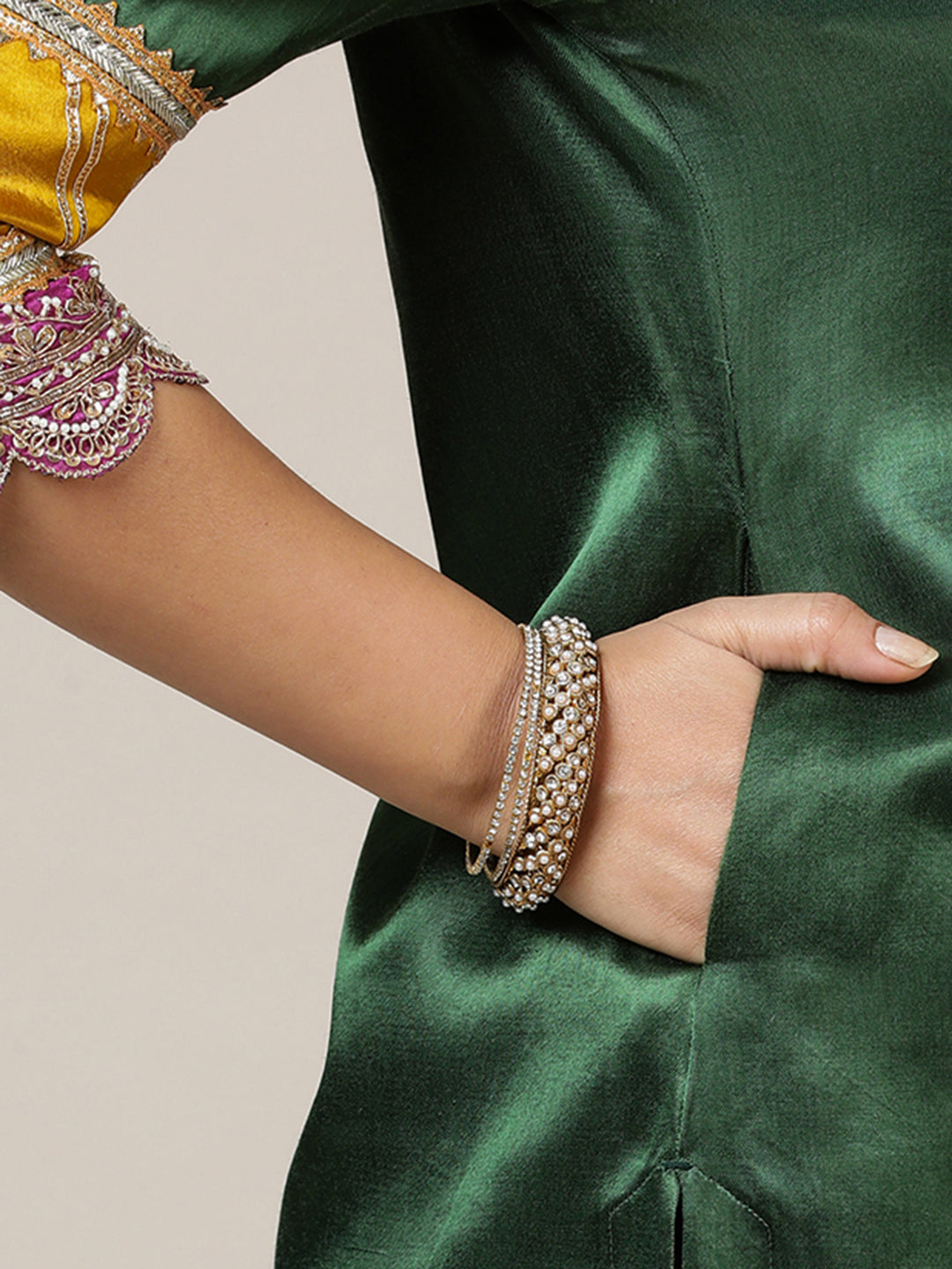 Kainaat x Tyohaar Kurta, in Green Vegan Silk, featuring three quarter sleeves and curved v-neckline (view 3).