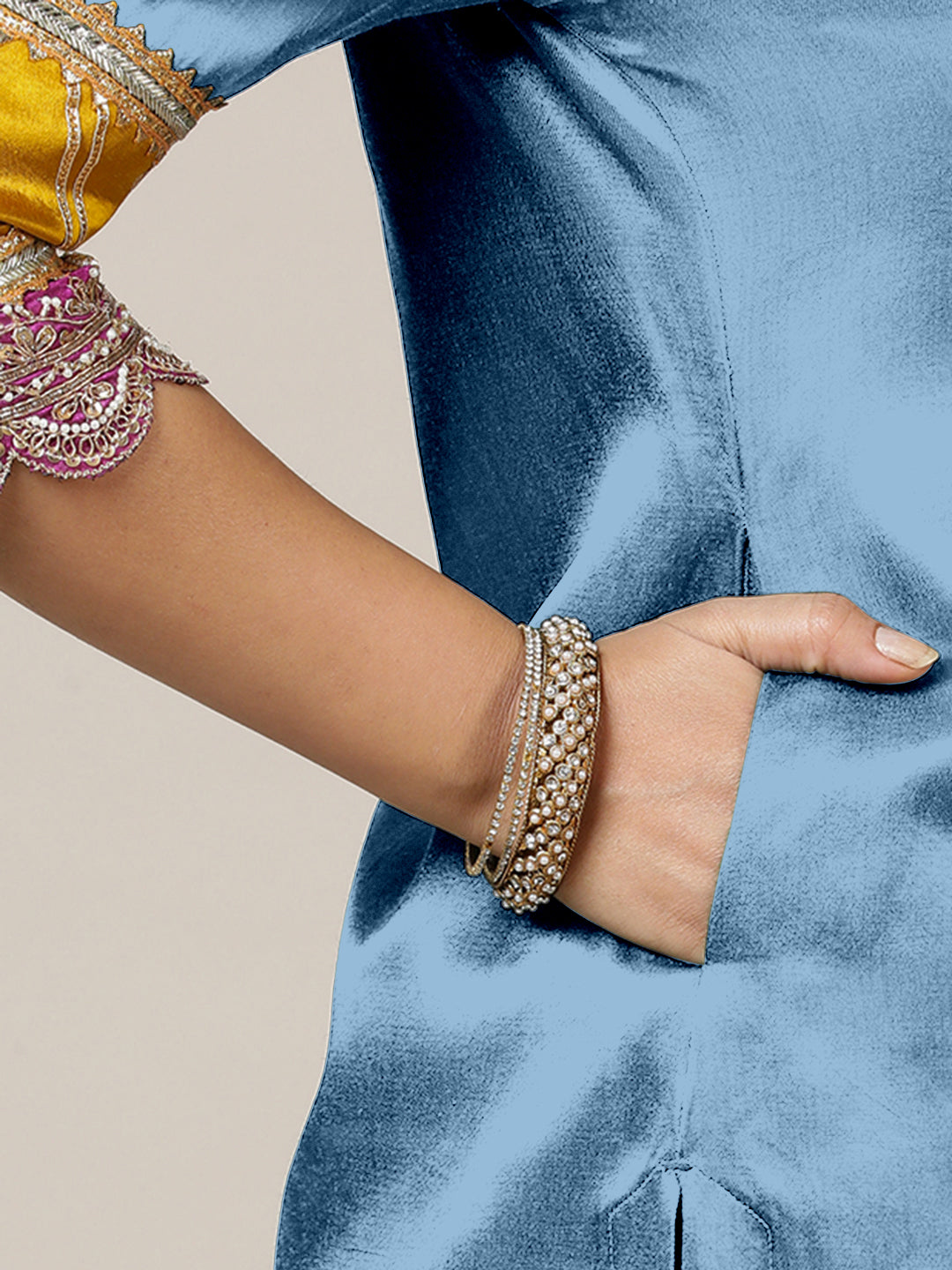 Kainaat x Tyohaar Kurta, in Blue Vegan Silk, featuring three quarter sleeves and curved v-neckline, made for party & festive.
