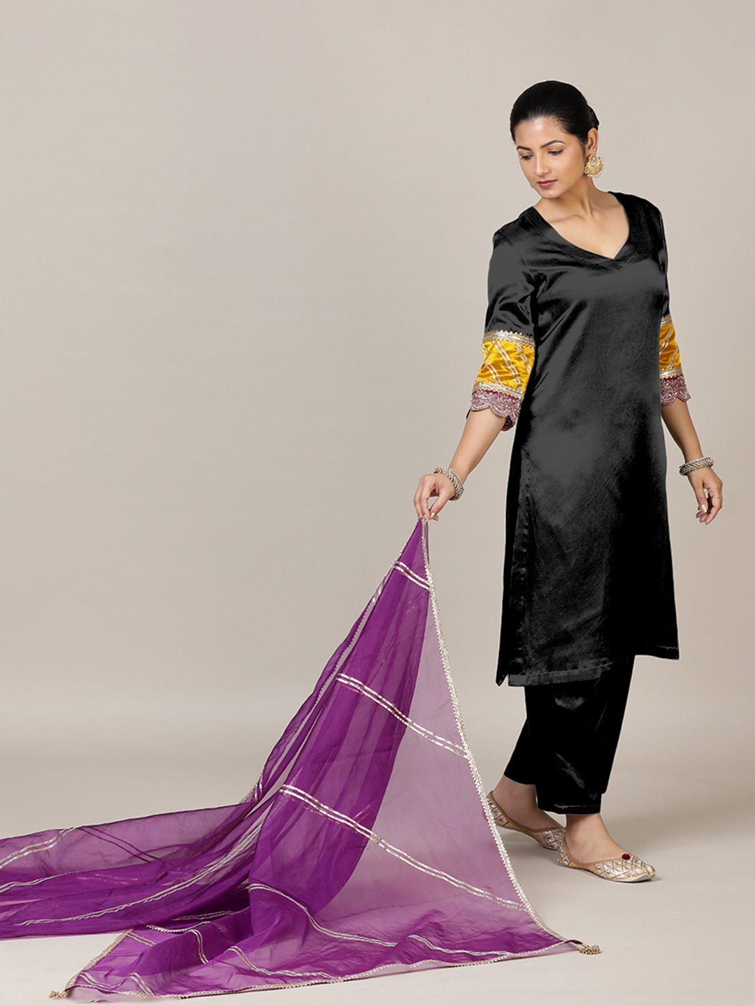 Kainaat x Tyohaar Kurta, in Black Vegan Silk, featuring three quarter sleeves and curved v-neckline (view 5).