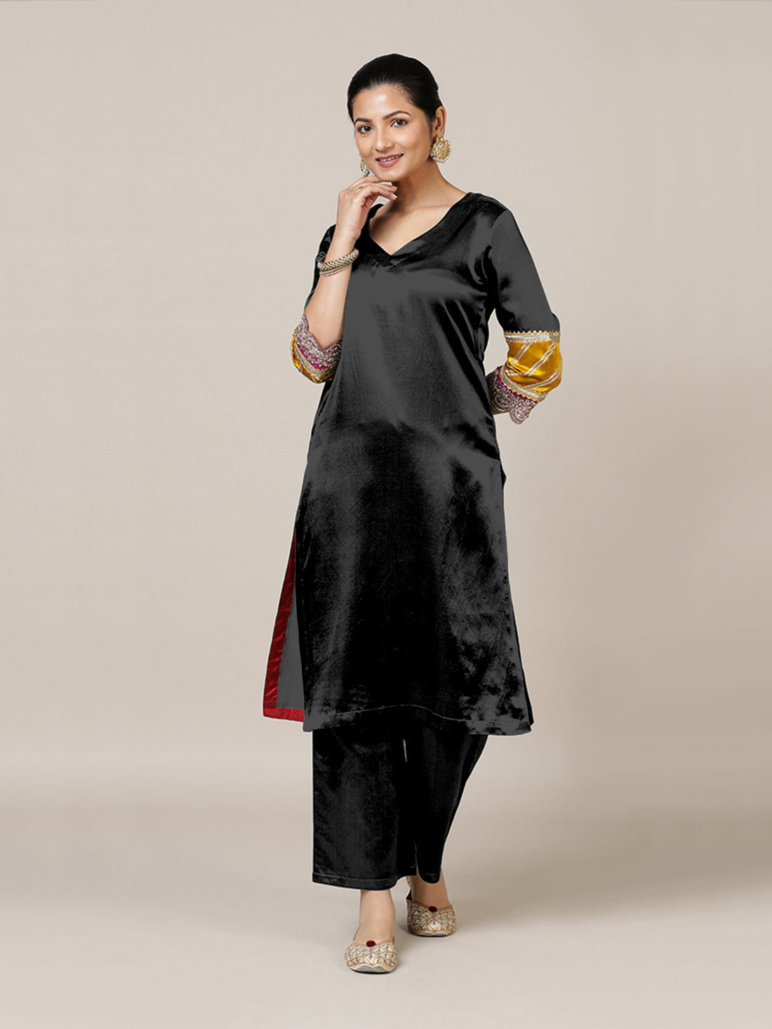 Kainaat x Tyohaar Kurta, in Black Vegan Silk, featuring three quarter sleeves and curved v-neckline (view 6).