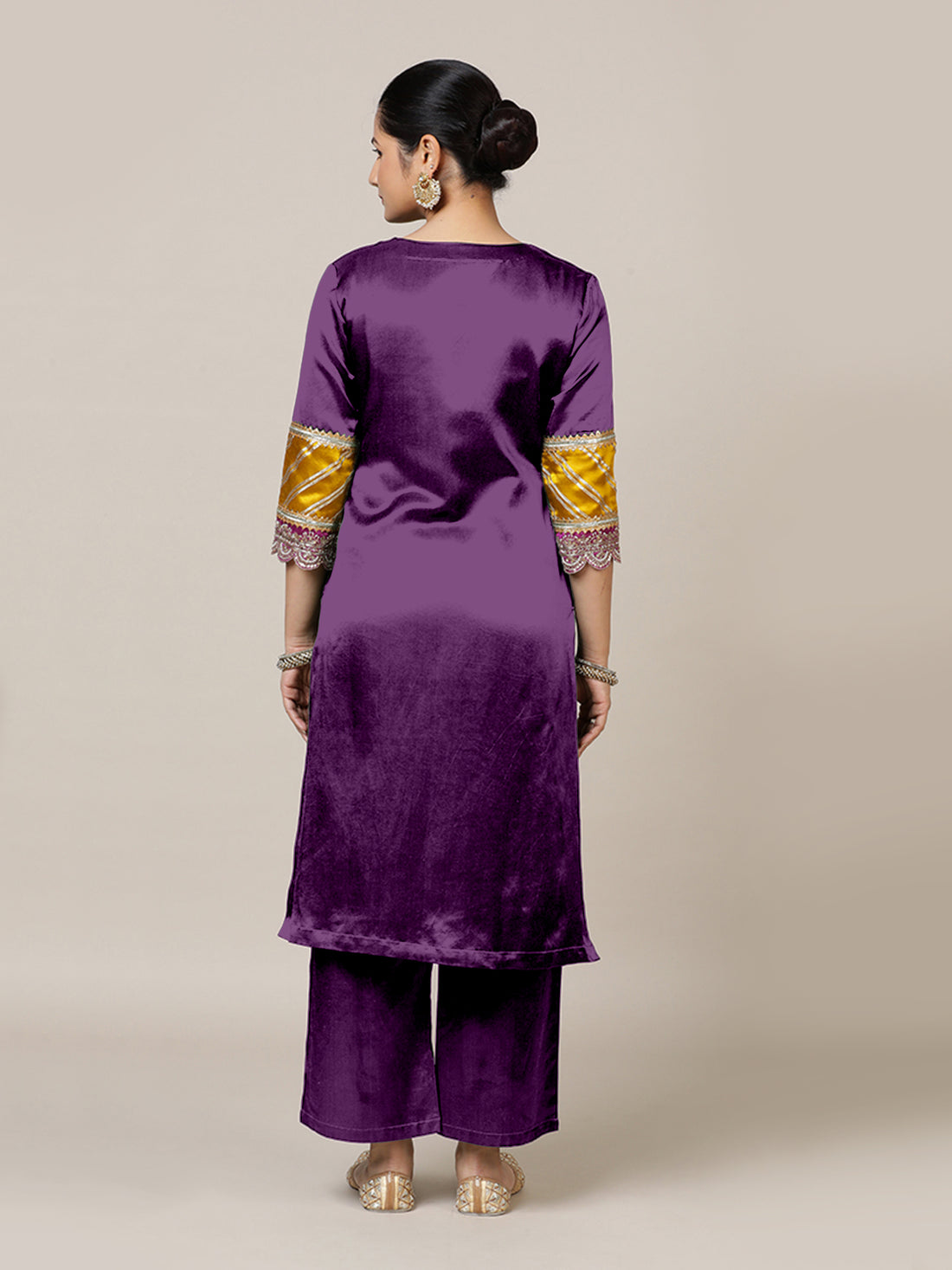 Kainaat x Tyohaar Kurta, in Purple Vegan Silk, featuring three quarter sleeves and curved v-neckline (view 2).