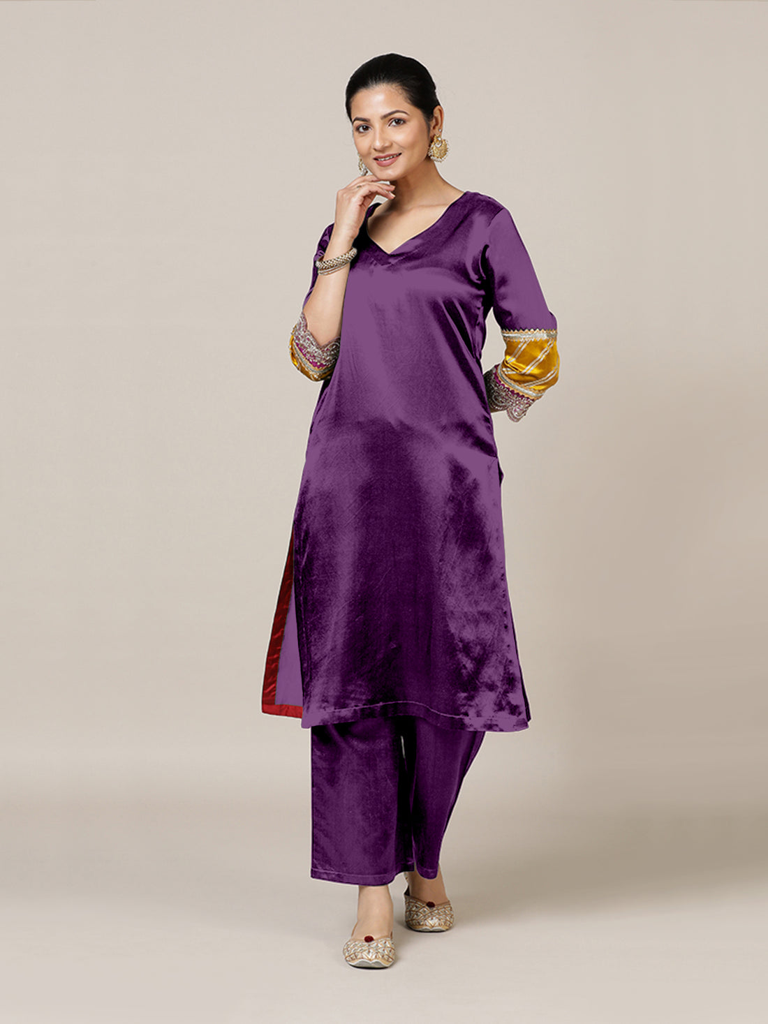 Kainaat x Tyohaar Kurta, in Purple Vegan Silk, featuring three quarter sleeves and curved v-neckline (view 6).