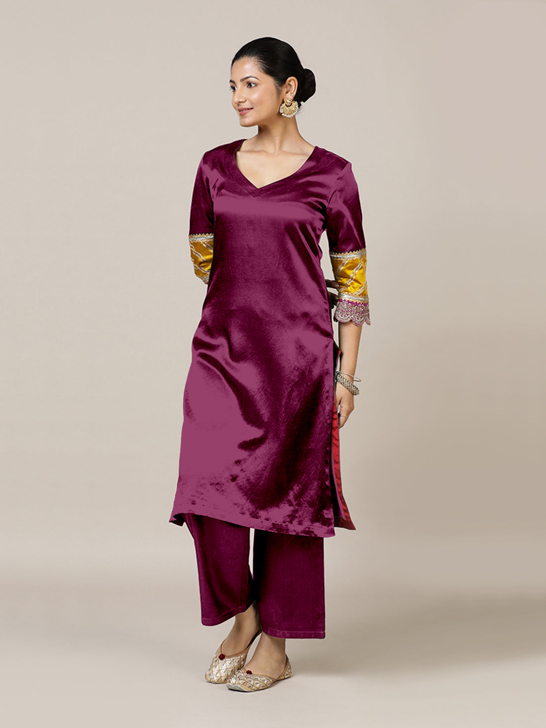Kainaat x Tyohaar Kurta, in Red Vegan Silk, featuring three quarter sleeves and curved v-neckline, made for party & festive.