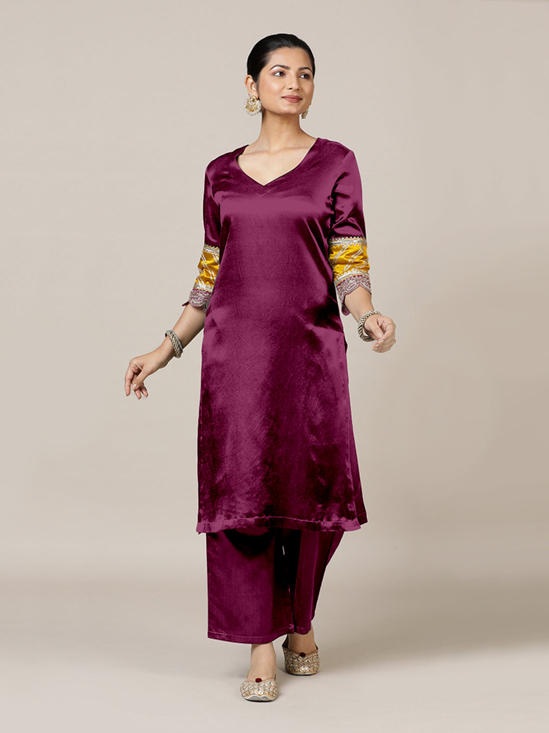 Kainaat x Tyohaar Kurta, in Red Vegan Silk, featuring three quarter sleeves and curved v-neckline, made for party & festive.