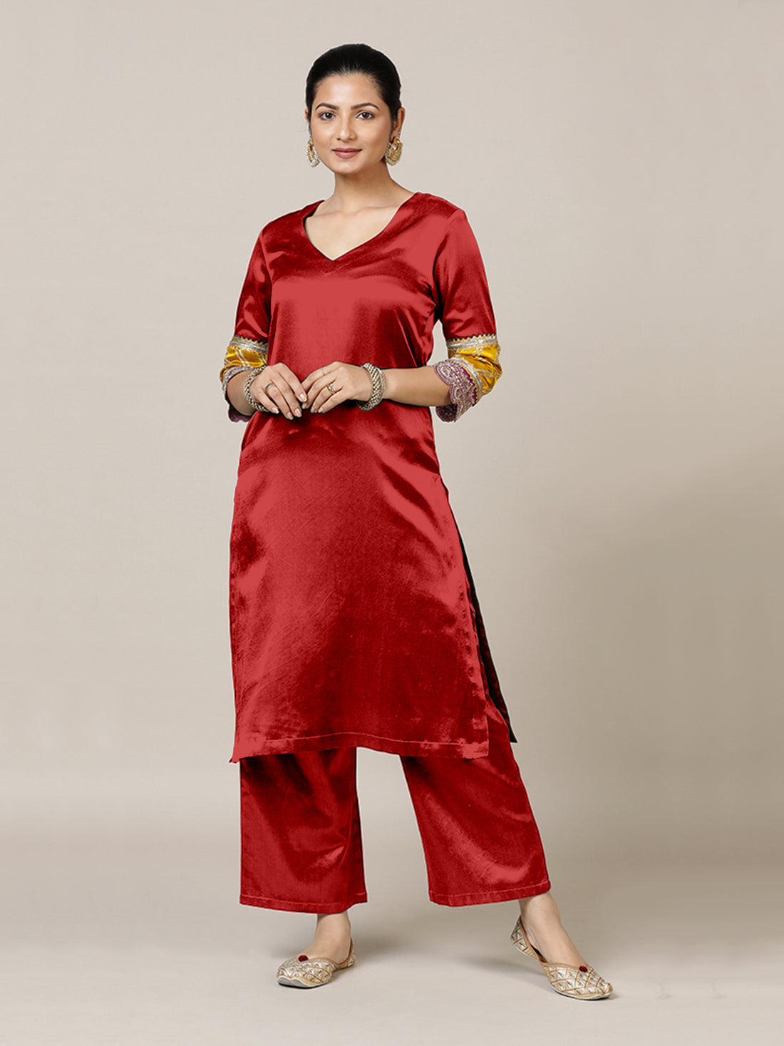Kainaat x Tyohaar Kurta, in Red Vegan Silk, featuring three quarter sleeves and curved v-neckline, made for party & festive.
