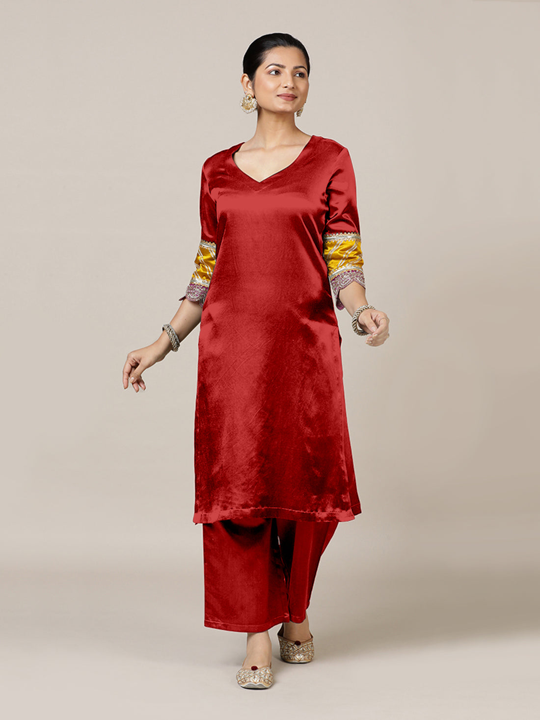 Kainaat x Tyohaar Kurta, in Red Vegan Silk, featuring three quarter sleeves and curved v-neckline, made for party & festive.