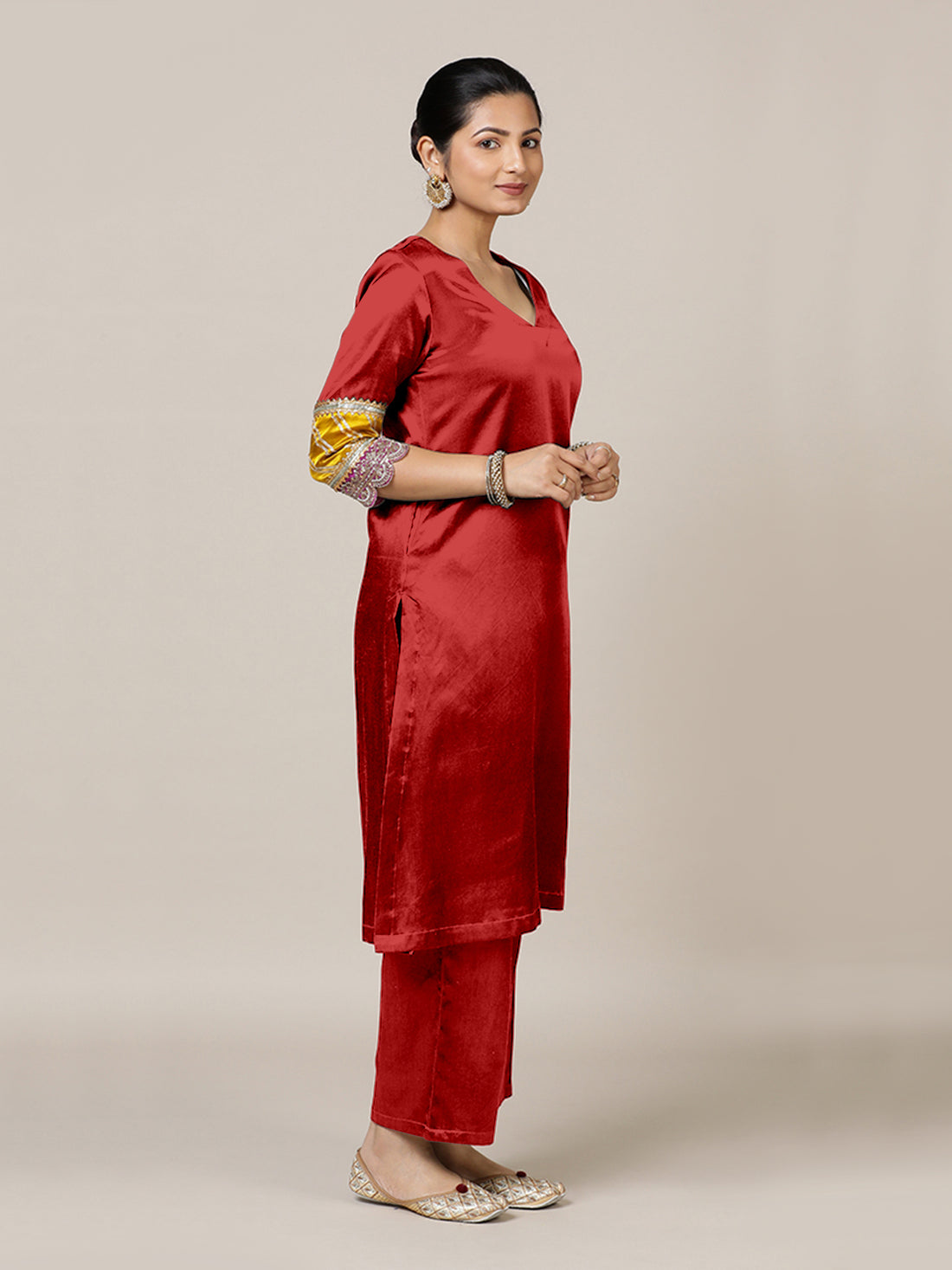 Kainaat x Tyohaar Kurta, in Red Vegan Silk, featuring three quarter sleeves and curved v-neckline, made for party & festive.