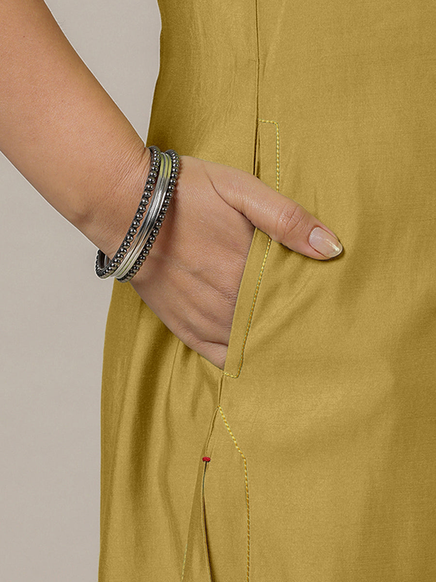 Mahek x Rozaana Kurta, in Yellow Viscose, featuring three quarter sleeves and v-neckline, made for daily & work (view 4).