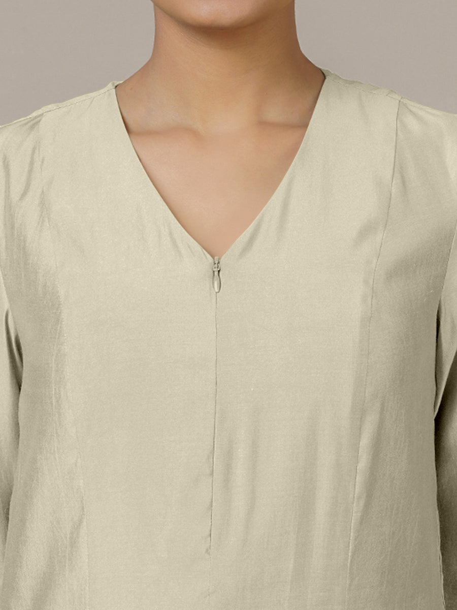 Mahek x Rozaana Kurta, in Cream Viscose, featuring three quarter sleeves and v-neckline, made for daily & work (view 3).