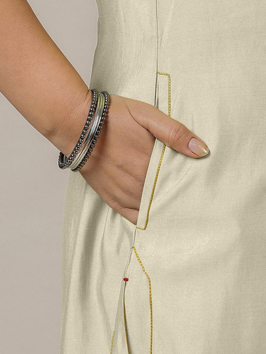 Mahek x Rozaana Kurta, in Cream Viscose, featuring three quarter sleeves and v-neckline, made for daily & work (view 4).