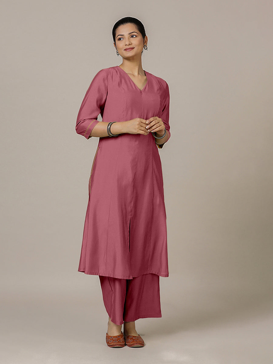 Mahek x Rozaana Kurta, in Pink Viscose, featuring three quarter sleeves and v-neckline, made for daily & work (view 5).