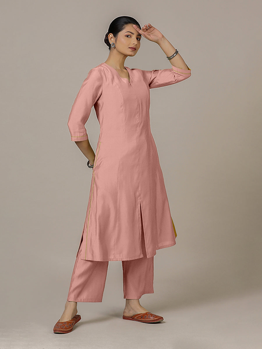 Mahek x Rozaana Kurta, in Pink Viscose, featuring three quarter sleeves and v-neckline, made for daily & work.