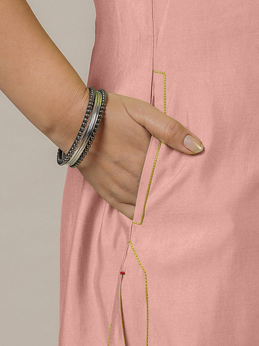 Mahek x Rozaana Kurta, in Pink Viscose, featuring three quarter sleeves and v-neckline, made for daily & work (view 4).