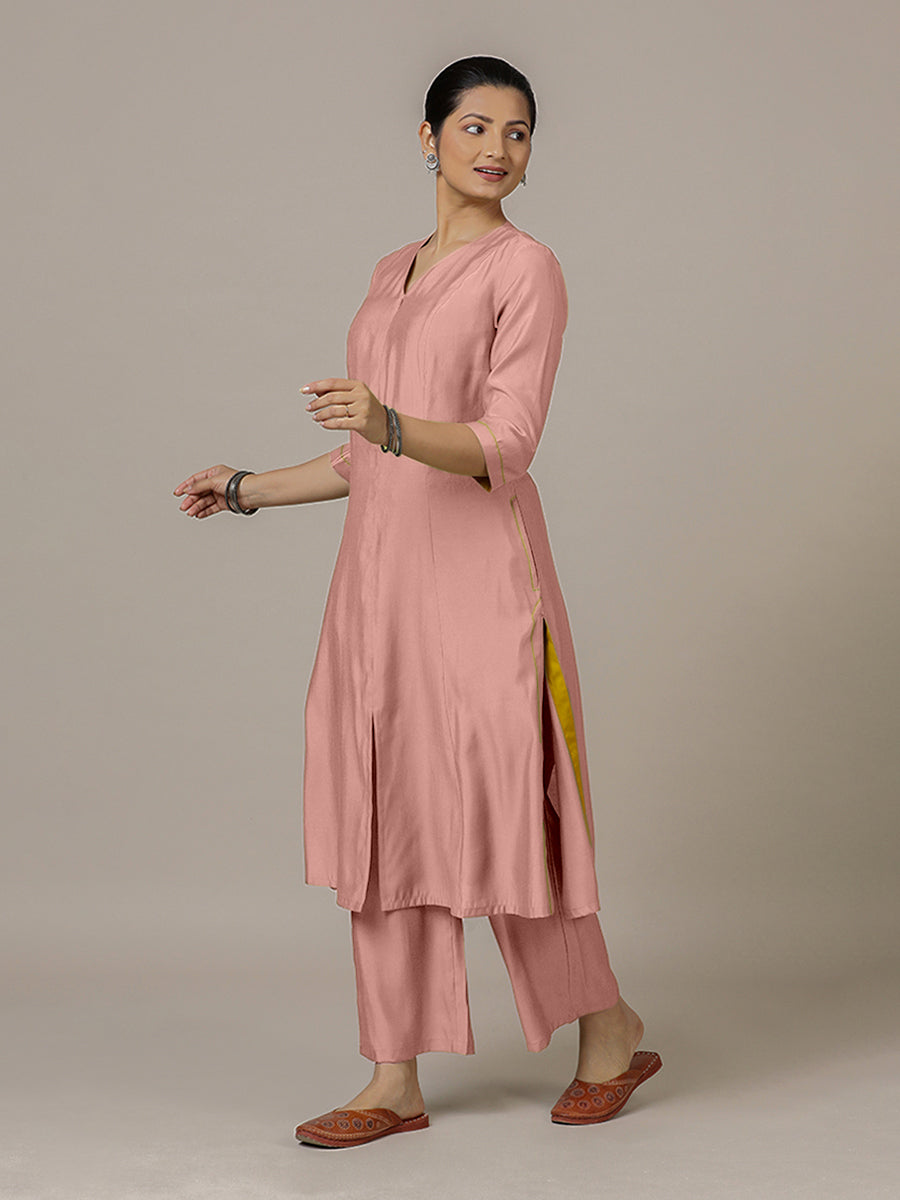 Mahek x Rozaana Kurta, in Pink Viscose, featuring three quarter sleeves and v-neckline, made for daily & work (view 6).