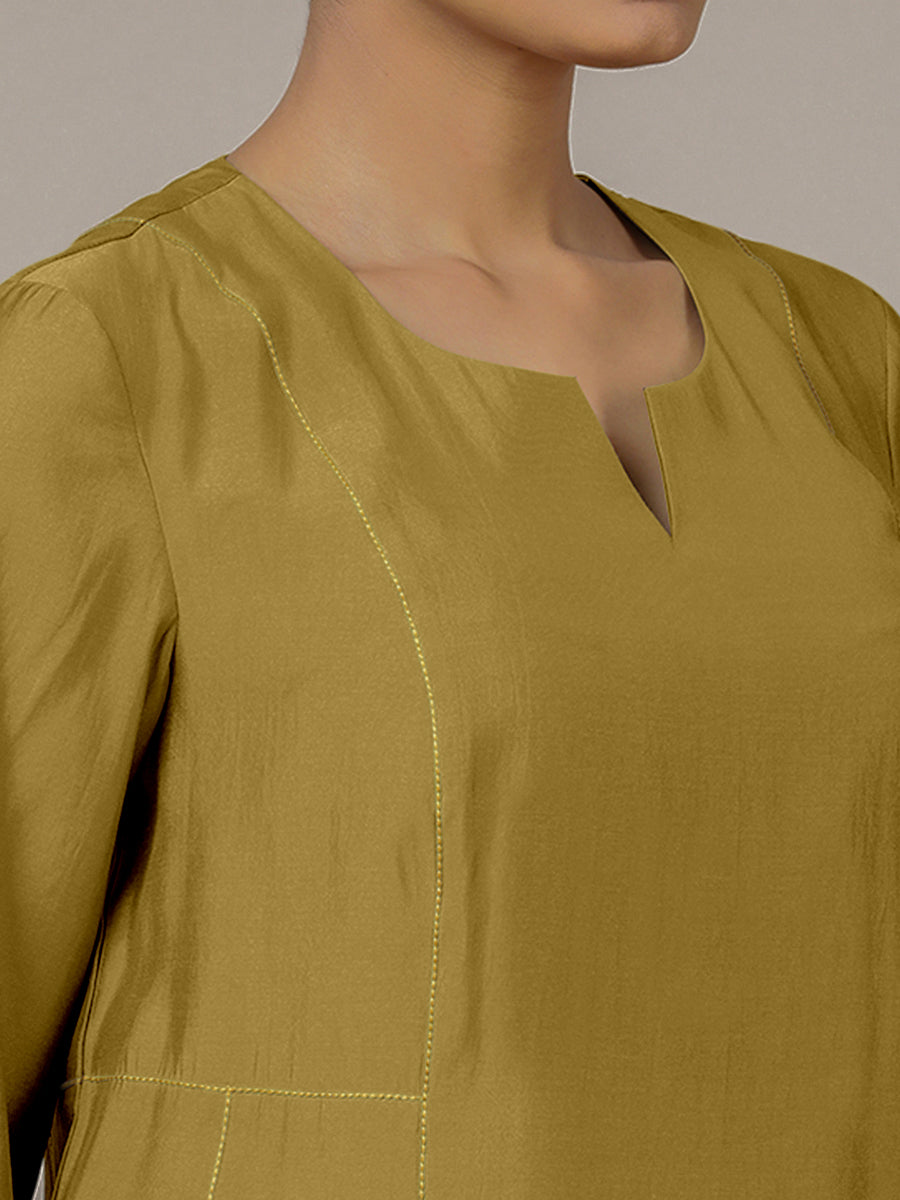 Mahi x Rozaana Kurta, in Yellow Viscose, featuring three quarter sleeves and round neck with splitline (view 3).
