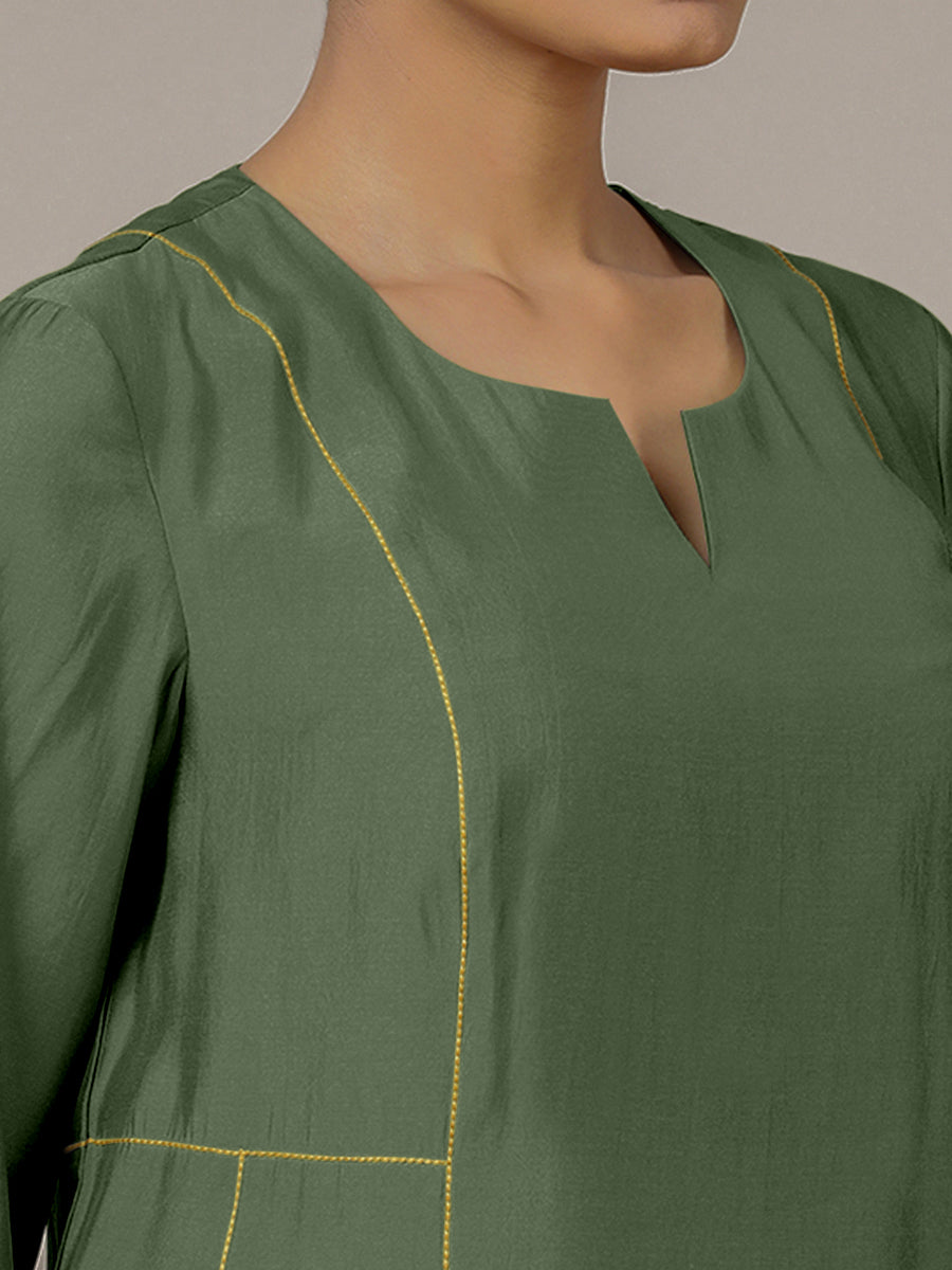 Mahi x Rozaana Kurta, in Green Viscose, featuring three quarter sleeves and round neck with splitline, made for daily & work.