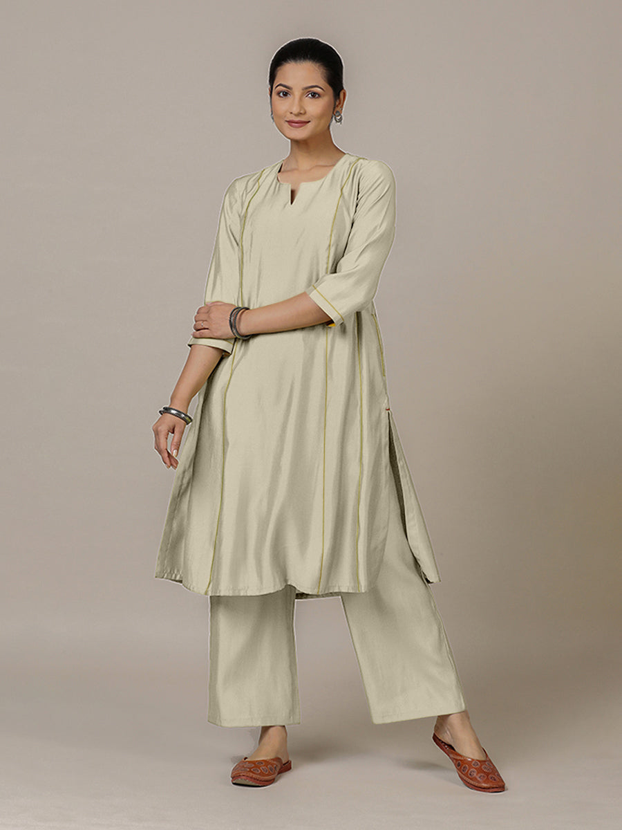 Mahi x Rozaana Kurta, in Cream Viscose, featuring three quarter sleeves and round neck with splitline, made for daily & work.