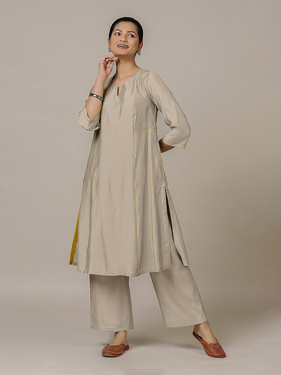 Mahi x Rozaana Kurta, in Grey Viscose, featuring three quarter sleeves and round neck with splitline, made for daily & work.